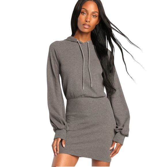 Lulus Dresses & Skirts - Lulus Upbeat Energy Heather Grey Waffle Knit Hooded Sweatshirt Dress W-829 Sz L